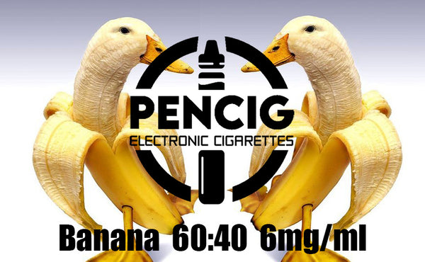 Black logo of Pencig vape shop, e-liquid description including 60vg / 40pg proportions and 6mg level of nicotine on the bananas looking like ducks background.