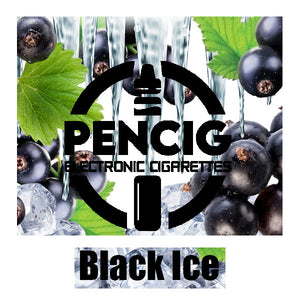 Pencig vape shop black logo, e-liquid black ice name on the icicles, ice cubes and blackcurrant background.