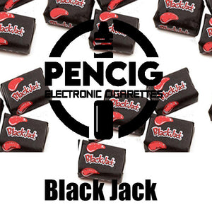 Pencig vape shop black logo, e-liquid black jack name on the black jack candies background.
