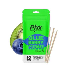Pixx Blue Berry Kiwi toothpicks with ice, featuring a bright green and blue pouch, shown with two wooden toothpicks and kiwi and blueberry graphics on a black background.
