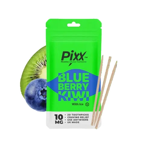 Pixx Blue Berry Kiwi toothpicks with ice, featuring a bright green and blue pouch, shown with two wooden toothpicks and kiwi and blueberry graphics on a black background.