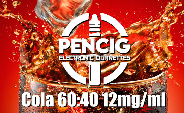 White logo of the Pencig Vape Shop, e-liquid description including 60VG / 40PG proportions and 12mg nicotine level on the background of a glass with splashed cola.