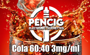  White logo of the Pencig Vape Shop, e-liquid description including 60VG / 40PG proportions and 3mg nicotine level on the background of a glass with splashed cola.