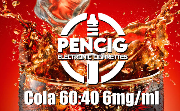 White logo of the Pencig Vape Shop, e-liquid description including 60VG / 40PG proportions and 6mg nicotine level on the background of a glass with splashed cola.