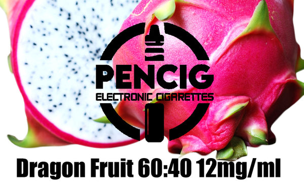 Black logo of the Pencig Vape Shop, e-liquid description including 60VG / 40PG proportions and 12mg nicotine level on the background of half cut dragon fruit.