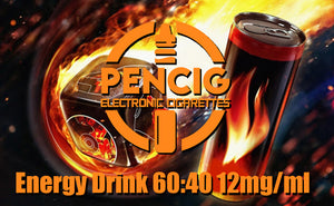 Orange logo of the Pencig Vape Shop, e-liquid description including 60VG / 40PG proportions and 12mg nicotine level on the background of energy drink can in fire.