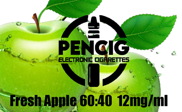 Black logo of the Pencig Vape Shop, e-liquid description including 60VG / 40PG proportions and 12mg nicotine level on the background of green apples.