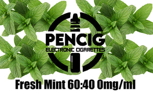 Black logo of the Pencig Vape Shop, e-liquid description including 60vg / 40pg proportions and 0mg level of nicotine in the fresh mint leaves background.