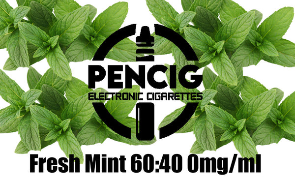 Black logo of the Pencig Vape Shop, e-liquid description including 60vg / 40pg proportions and 0mg level of nicotine in the fresh mint leaves background.