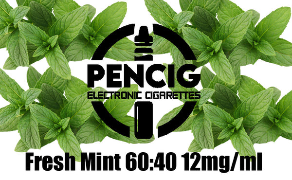 Black logo of the Pencig Vape Shop, e-liquid description including 60vg / 40pg proportions and 12mg level of nicotine in the fresh mint leaves background.