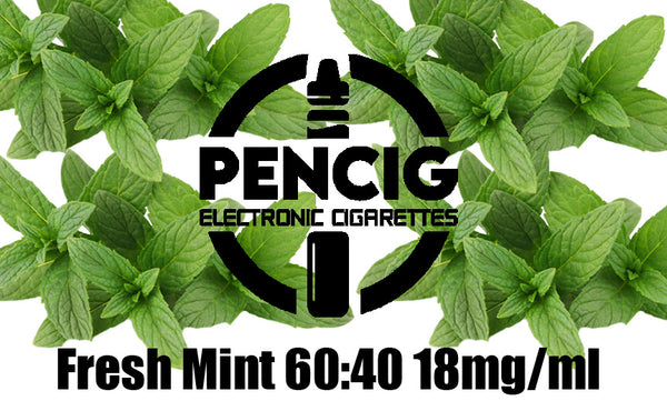 Black logo of the Pencig Vape Shop, e-liquid description including 60vg / 40pg proportions and 18mg level of nicotine in the fresh mint leaves background.