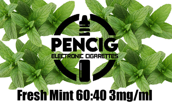 Black logo of the Pencig Vape Shop, e-liquid description including 60vg / 40pg proportions and 3mg level of nicotine in the fresh mint leaves background.
