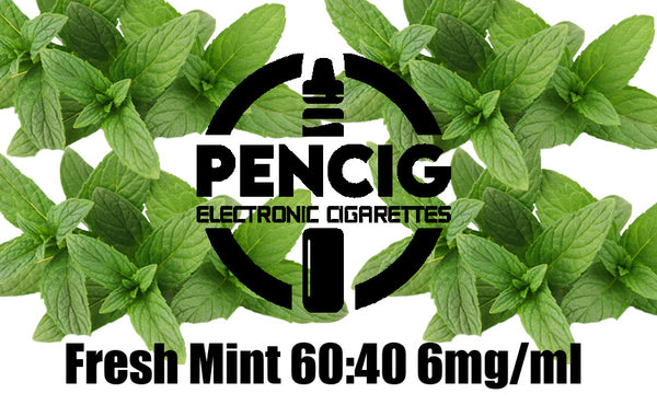 Black logo of the Pencig Vape Shop, e-liquid description including 60vg / 40pg proportions and 6mg level of nicotine in the fresh mint leaves background.