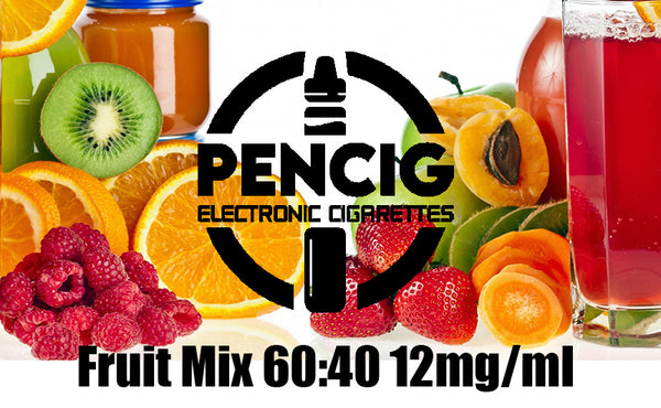 Black logo of the Pencig Vape Shop, e-liquid description including 60vg / 40pg proportions and 12mg level of nicotine in the tropical fruits and juice background.