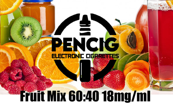 Black logo of the Pencig Vape Shop, e-liquid description including 60vg / 40pg proportions and 18mg level of nicotine in the tropical fruits and juice background.