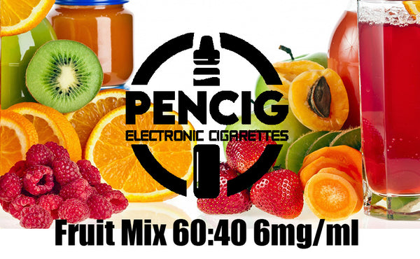Black logo of the Pencig Vape Shop, e-liquid description including 60vg / 40pg proportions and 6mg level of nicotine in the tropical fruits and juice background.