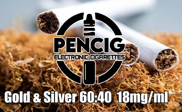 Black logo of Pencig vape shop, e-liquid description including 60vg / 40pg proportions and 18mg level of nicotine on the cigarettes and rolling tobacco background.