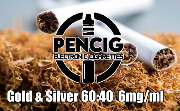 Black logo of Pencig vape shop, e-liquid description including 60vg / 40pg proportions and 6mg level of nicotine on the cigarettes and rolling tobacco background.