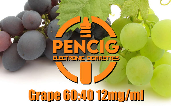 Orange logo of Pencig vape shop, e-liquid description including 60vg / 40pg proportions and 12mg level of nicotine on the black and green grapes background.