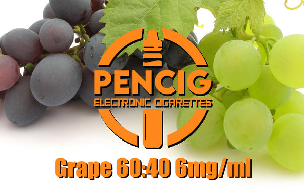 Orange logo of Pencig vape shop, e-liquid description including 60vg / 40pg proportions and 6mg level of nicotine on the black and green grapes background.