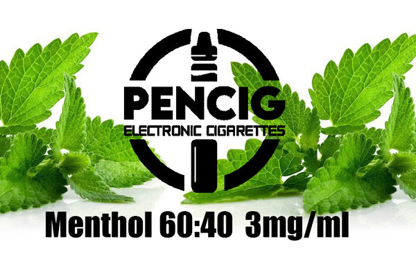 Black logo of Pencig vape shop, e-liquid description including 60vg / 40pg proportions and 3mg level of nicotine on the green mint leaves background.