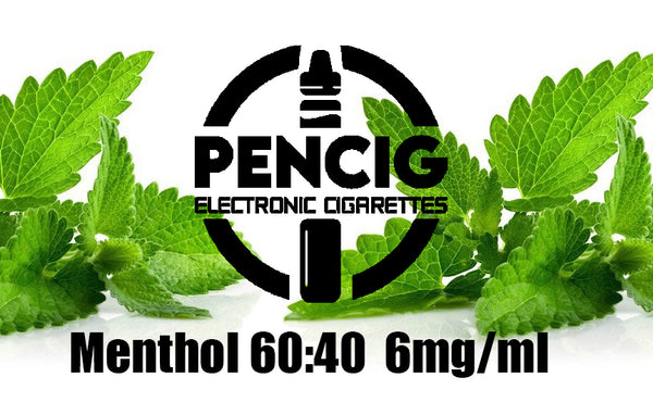Black logo of Pencig vape shop, e-liquid description including 60vg / 40pg proportions and 6mg level of nicotine on the green mint leaves background.