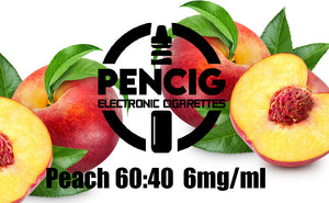 Black logo of Pencig vape shop, e-liquid description including 60vg / 40pg proportions and 6mg level of nicotine on the juicy peaches background.