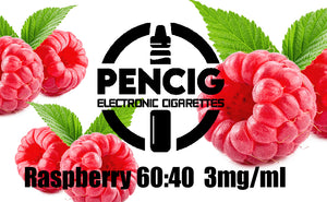 Black logo of Pencig vape shop, e-liquid description including 60vg / 40pg proportions and 3mg level of nicotine on the red raspberries background.