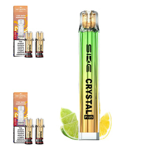 SKE Crystal Plus vape pen with packaging and lime graphic on a white background