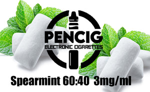 Black logo of Pencig vape shop, e-liquid description including 60vg / 40pg proportions and 3mg level of nicotine on the mint leaves and chewing gum background.