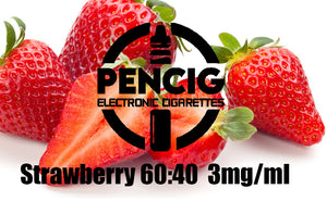 Black logo of Pencig vape shop, e-liquid description including 60vg / 40pg proportions and 3mg level of nicotine on the strawberries background.