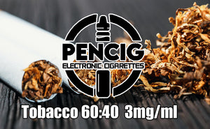 Black logo of Pencig vape shop, e-liquid description including 60vg / 40pg proportions and 3mg level of nicotine on the rolling tobacco and cigarettes background.