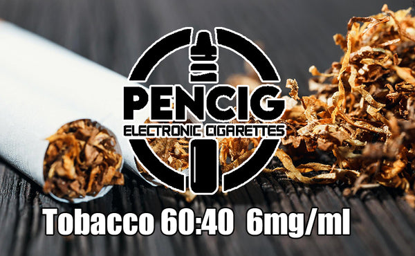Black logo of Pencig vape shop, e-liquid description including 60vg / 40pg proportions and 6mg level of nicotine on the rolling tobacco and cigarettes background.
