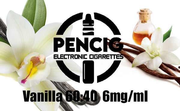 Black logo of Pencig vape shop, e-liquid description including 60vg / 40pg proportions and 6mg level of nicotine on the vanilla background.