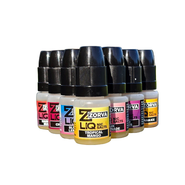 Row of Zorva e-liquid bottles on a white background