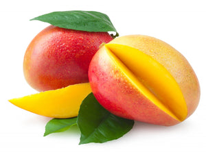 Two juicy mangos a white background.