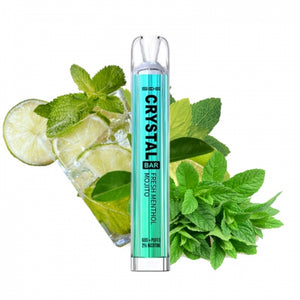 Crystal disposable ecigarette on the mojito drink and menthol leaves. Everything on a white background.