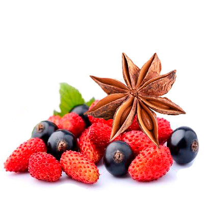 Wild strawberries and blueberries on a white background.